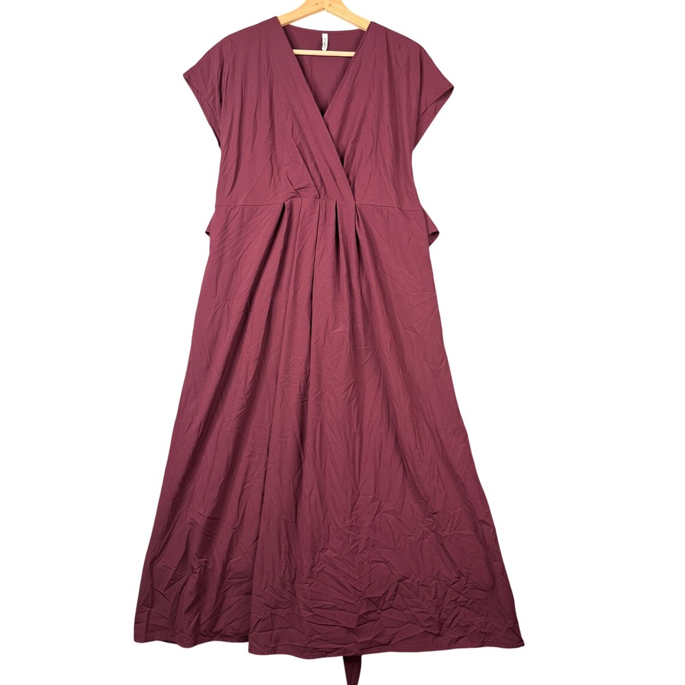 Halara Cloudful Back Tie V Neck Maxi Dress Burgundy Large Cap Sleeve Pleated